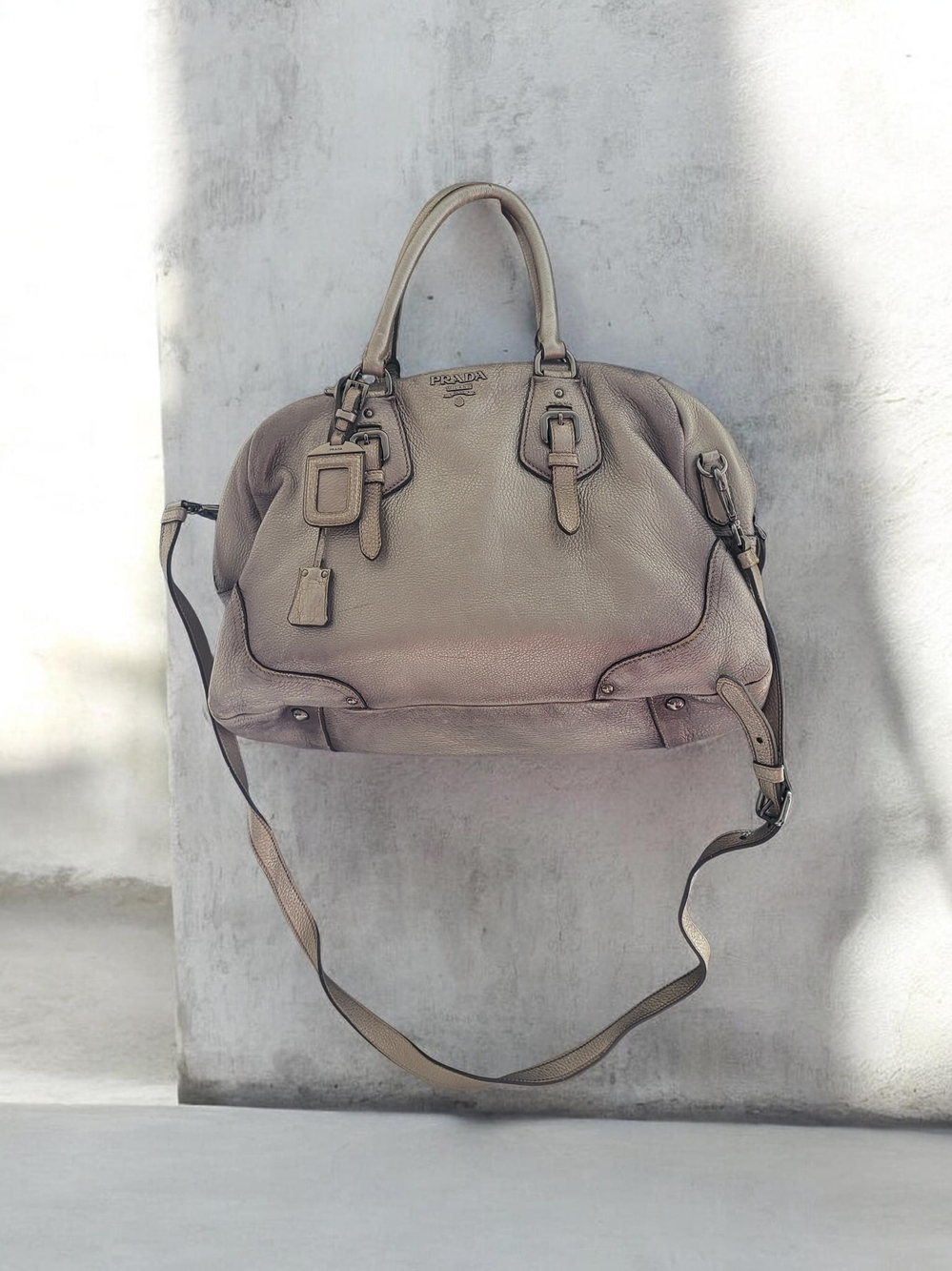 Prada Taupe Pebbled Leather Shoulder Bag